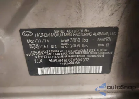 2014 Hyundai Elantra Se z USA, uszkodzony, nr VIN 5NPDH4AE6EH504302